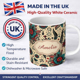 Personalized Custom Name Abstract Floral Folk Art Tattoo Seamless Pattern Name Cute Unique 11oz Ceramic Coffee Tea Mug White Large Handle