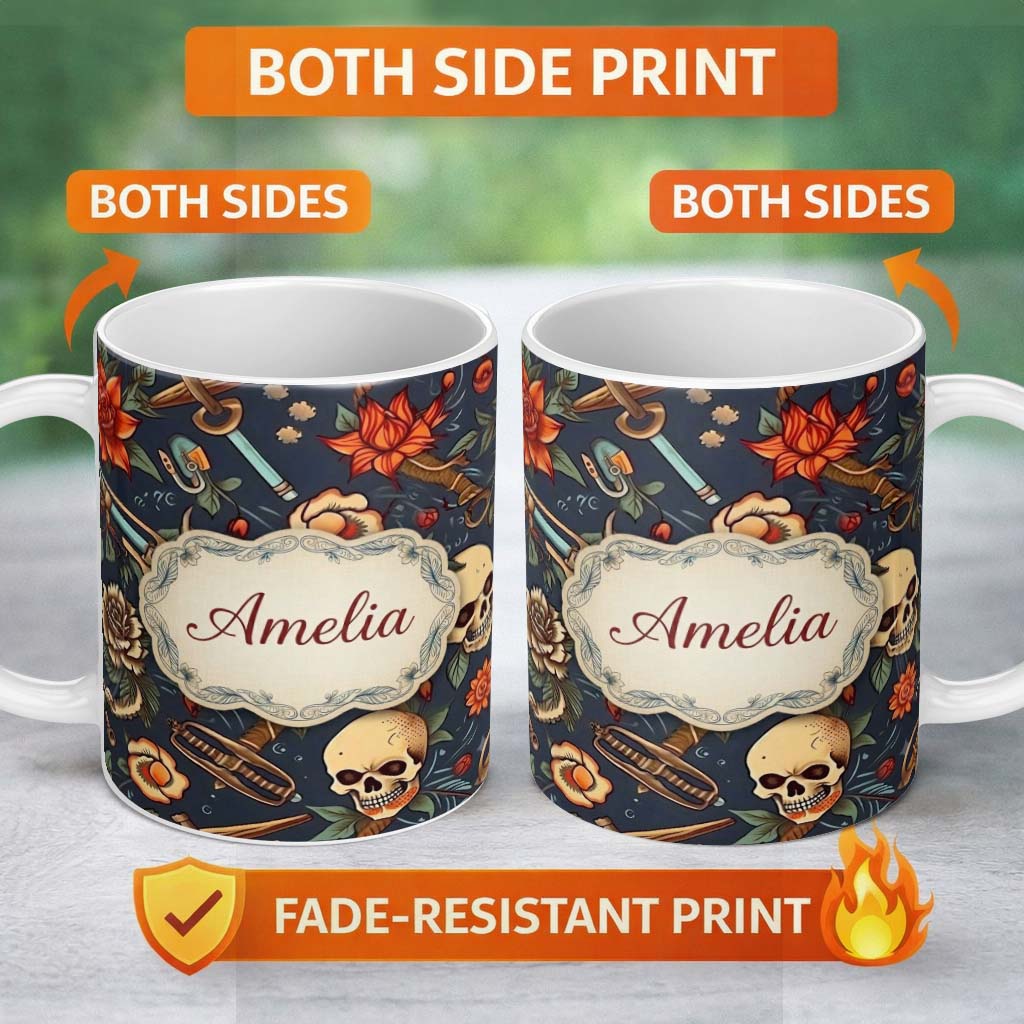 Personalized Custom Name Dark Skull Floral Dagger Tattoo Seamless Pattern Name Cute Unique 11oz Ceramic Coffee Tea Mug White Large Handle