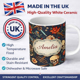 Personalized Custom Name Dark Skull Floral Dagger Tattoo Seamless Pattern Name Cute Unique 11oz Ceramic Coffee Tea Mug White Large Handle