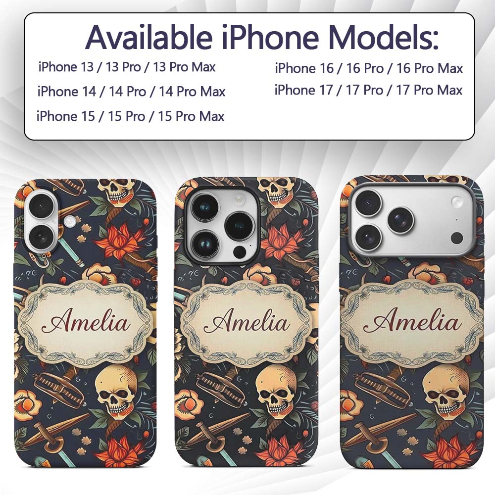 Dark Skull Floral Dagger Tattoo Seamless Pattern Custom Name Protective Phone Case Mobile Cover Durable Everyday Smartphone Shock Resistant