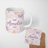 Personalized Custom Name Cute Pastel Butterfly Hearts Seamless Pattern Name Unique Gift 11oz Ceramic Coffee Tea Mug White Large Handle