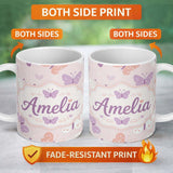 Personalized Custom Name Cute Pastel Butterfly Hearts Seamless Pattern Name Unique Gift 11oz Ceramic Coffee Tea Mug White Large Handle