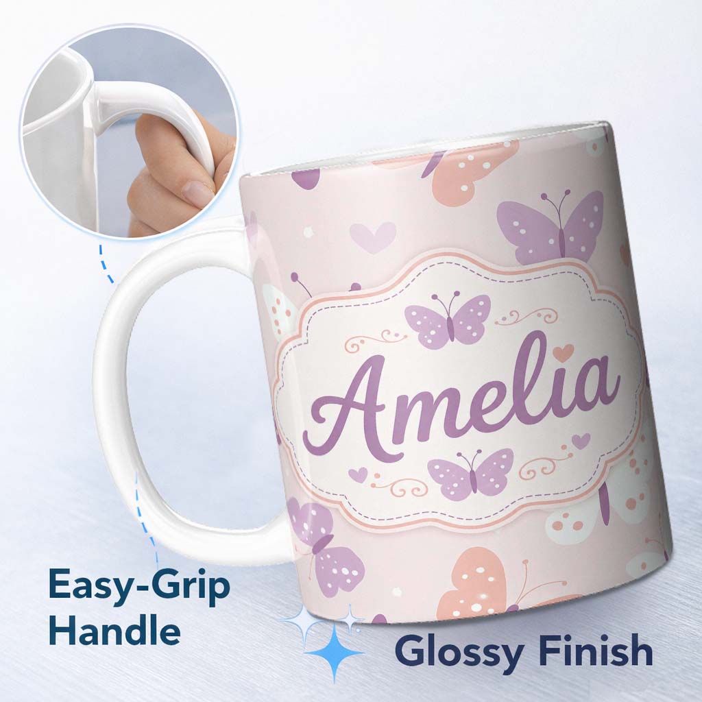 Personalized Custom Name Cute Pastel Butterfly Hearts Seamless Pattern Name Unique Gift 11oz Ceramic Coffee Tea Mug White Large Handle