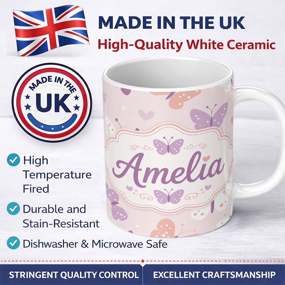 Personalized Custom Name Cute Pastel Butterfly Hearts Seamless Pattern Name Unique Gift 11oz Ceramic Coffee Tea Mug White Large Handle