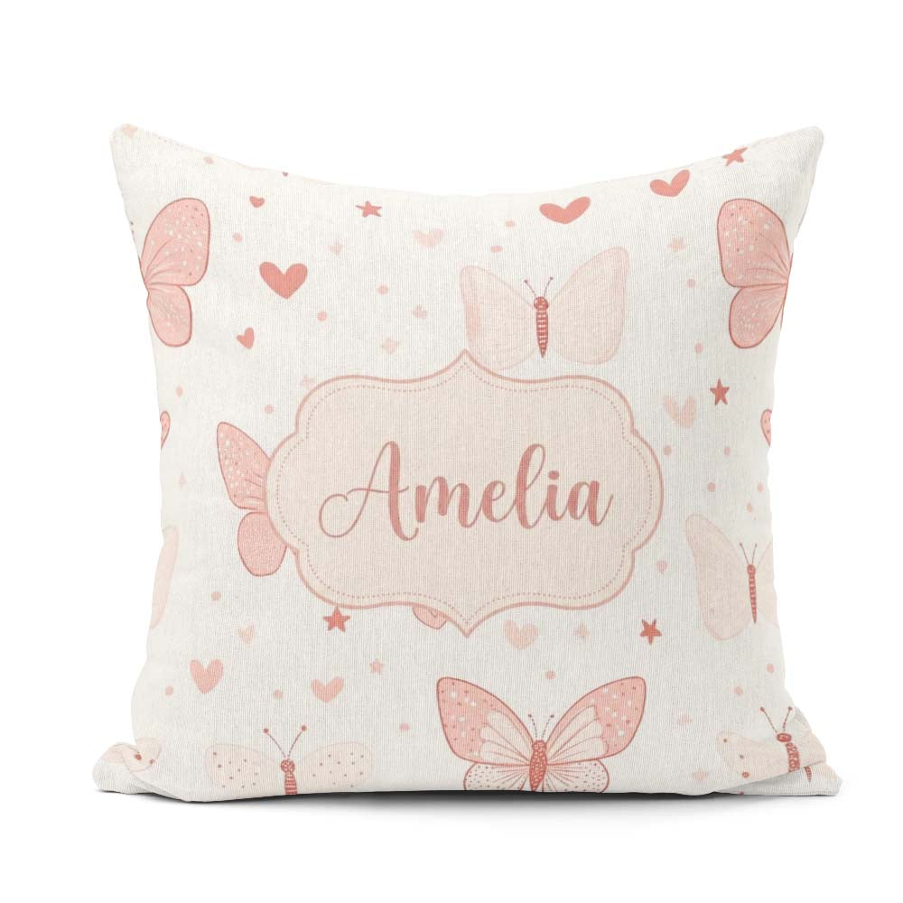 Custom Name Cute Pink Butterfly Hearts Soft Pastel Seamless Name Square Filled Cushion Throw Pillow Sofa Bed Home Decor Zip Washable UK Made