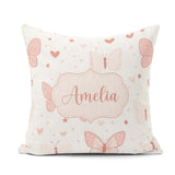 Custom Name Cute Pink Butterfly Hearts Soft Pastel Seamless Name Square Filled Cushion Throw Pillow Sofa Bed Home Decor Zip Washable UK Made
