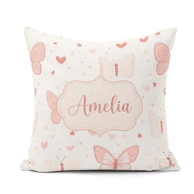 Custom Name Cute Pink Butterfly Hearts Soft Pastel Seamless Name Square Filled Cushion Throw Pillow Sofa Bed Home Decor Zip Washable UK Made