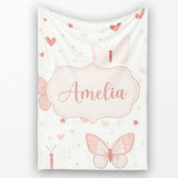 Cute Pink Butterfly Hearts Soft Pastel Seamless Pattern Name Unique  Personalised Custom Name Super Soft Fleece Blanket Bed Sofa Throw
