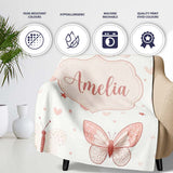 Cute Pink Butterfly Hearts Soft Pastel Seamless Pattern Name Unique  Personalised Custom Name Super Soft Fleece Blanket Bed Sofa Throw