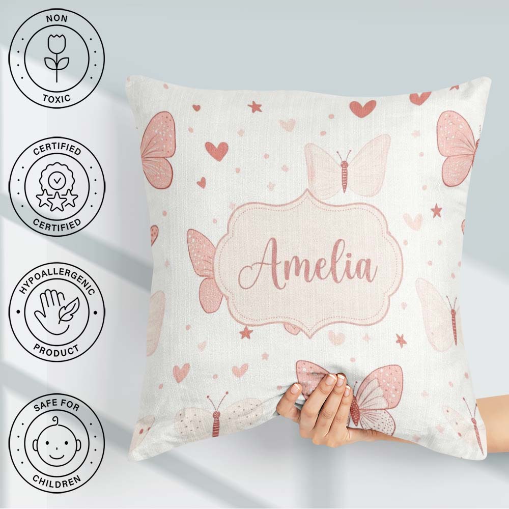 Custom Name Cute Pink Butterfly Hearts Soft Pastel Seamless Name Square Filled Cushion Throw Pillow Sofa Bed Home Decor Zip Washable UK Made