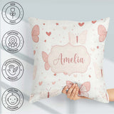 Custom Name Cute Pink Butterfly Hearts Soft Pastel Seamless Name Square Filled Cushion Throw Pillow Sofa Bed Home Decor Zip Washable UK Made