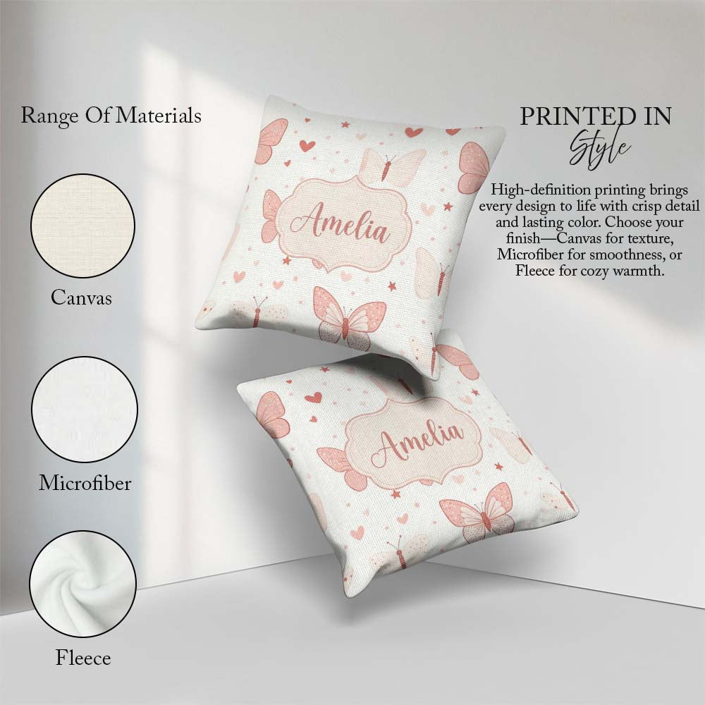 Custom Name Cute Pink Butterfly Hearts Soft Pastel Seamless Name Square Filled Cushion Throw Pillow Sofa Bed Home Decor Zip Washable UK Made