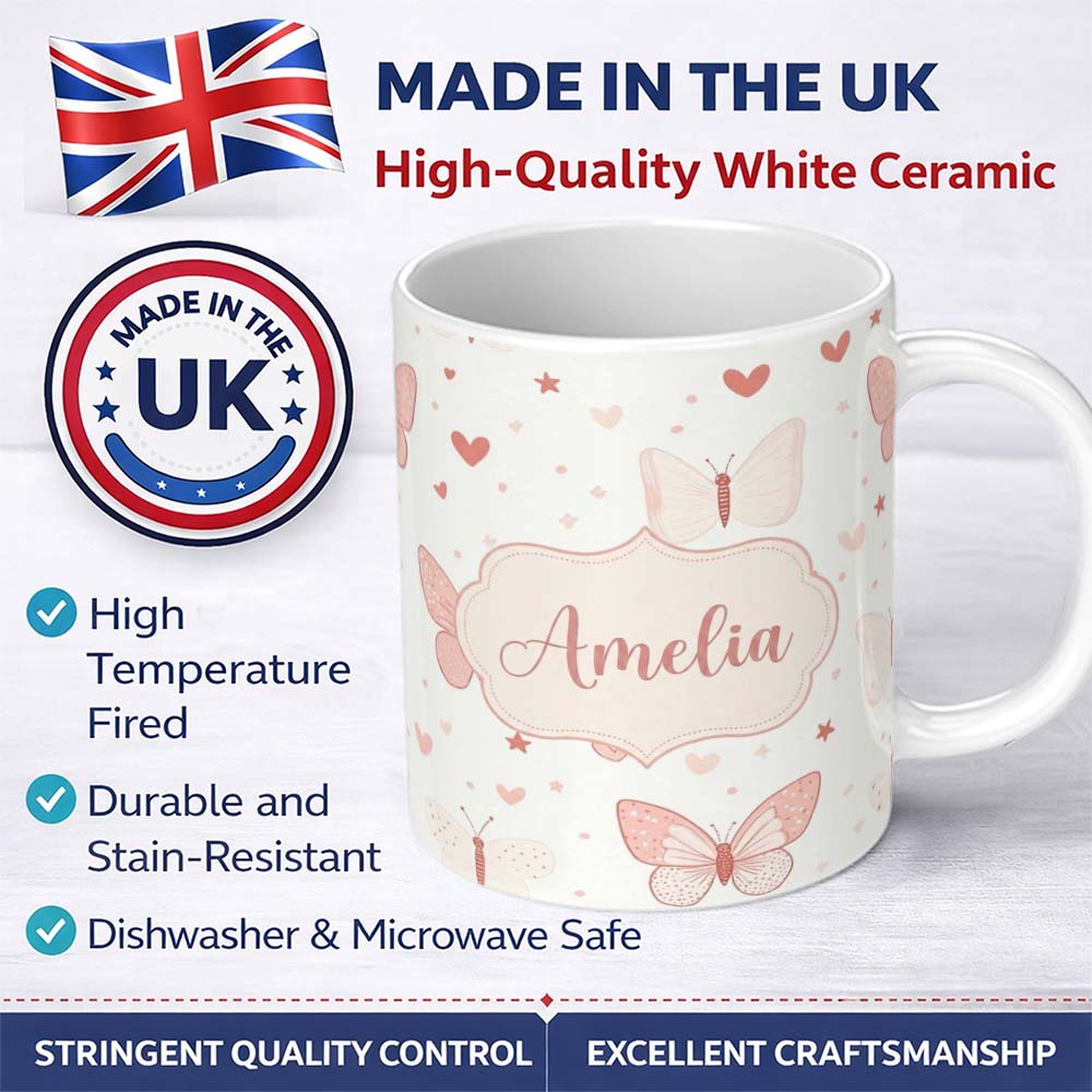Personalized Custom Name Cute Pink Butterfly Hearts Soft Pastel Seamless Pattern Name Unique 11oz Ceramic Coffee Tea Mug White Large Handle