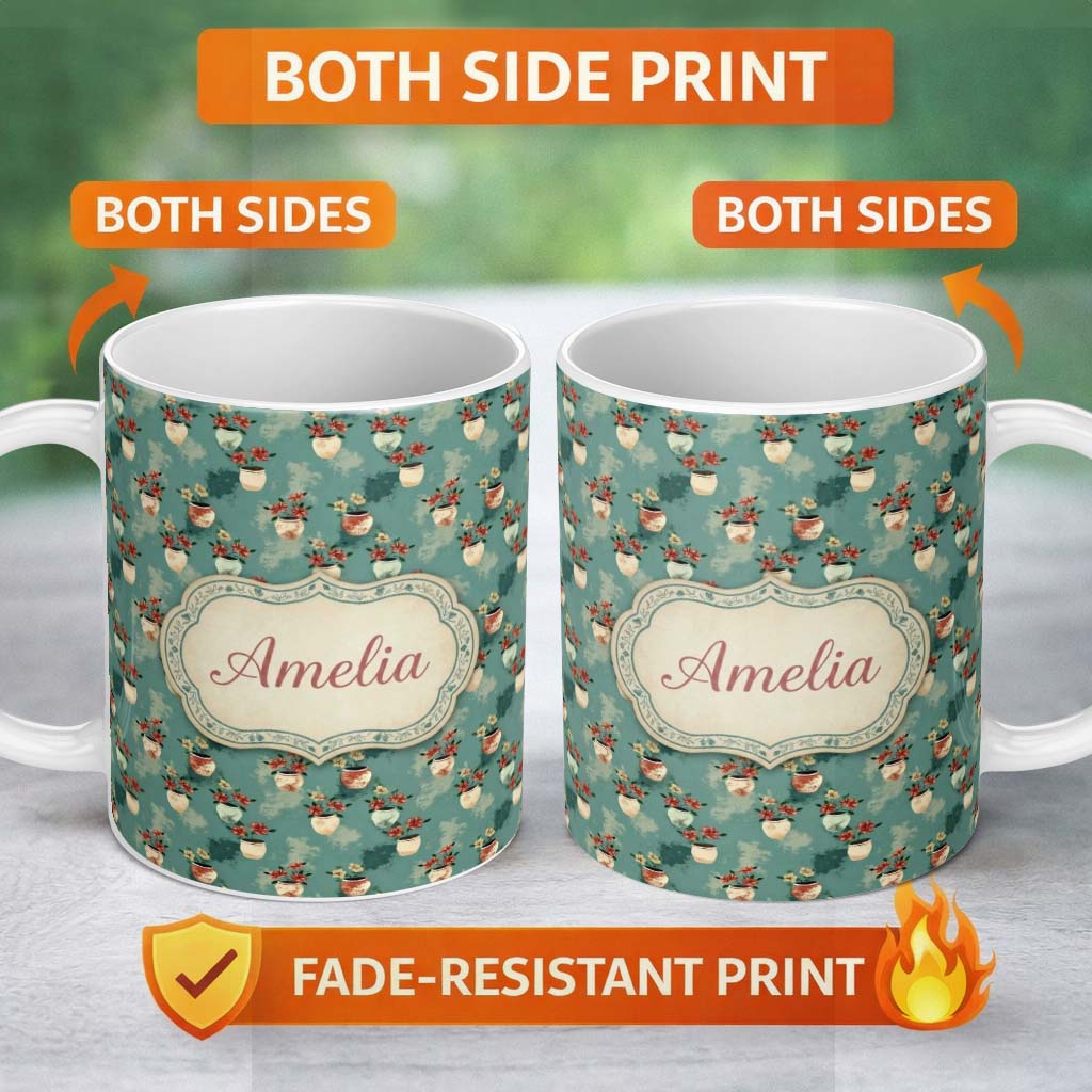 Personalized Custom Name Vintage Floral Pots Rustic Garden Seamless Pattern Name Cute Unique 11oz Ceramic Coffee Tea Mug White Large Handle