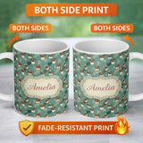 Personalized Custom Name Vintage Floral Pots Rustic Garden Seamless Pattern Name Cute Unique 11oz Ceramic Coffee Tea Mug White Large Handle