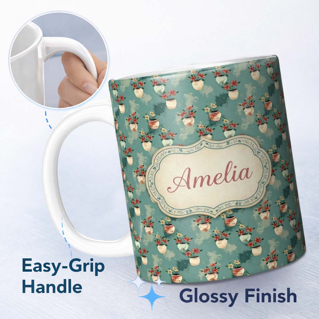 Personalized Custom Name Vintage Floral Pots Rustic Garden Seamless Pattern Name Cute Unique 11oz Ceramic Coffee Tea Mug White Large Handle