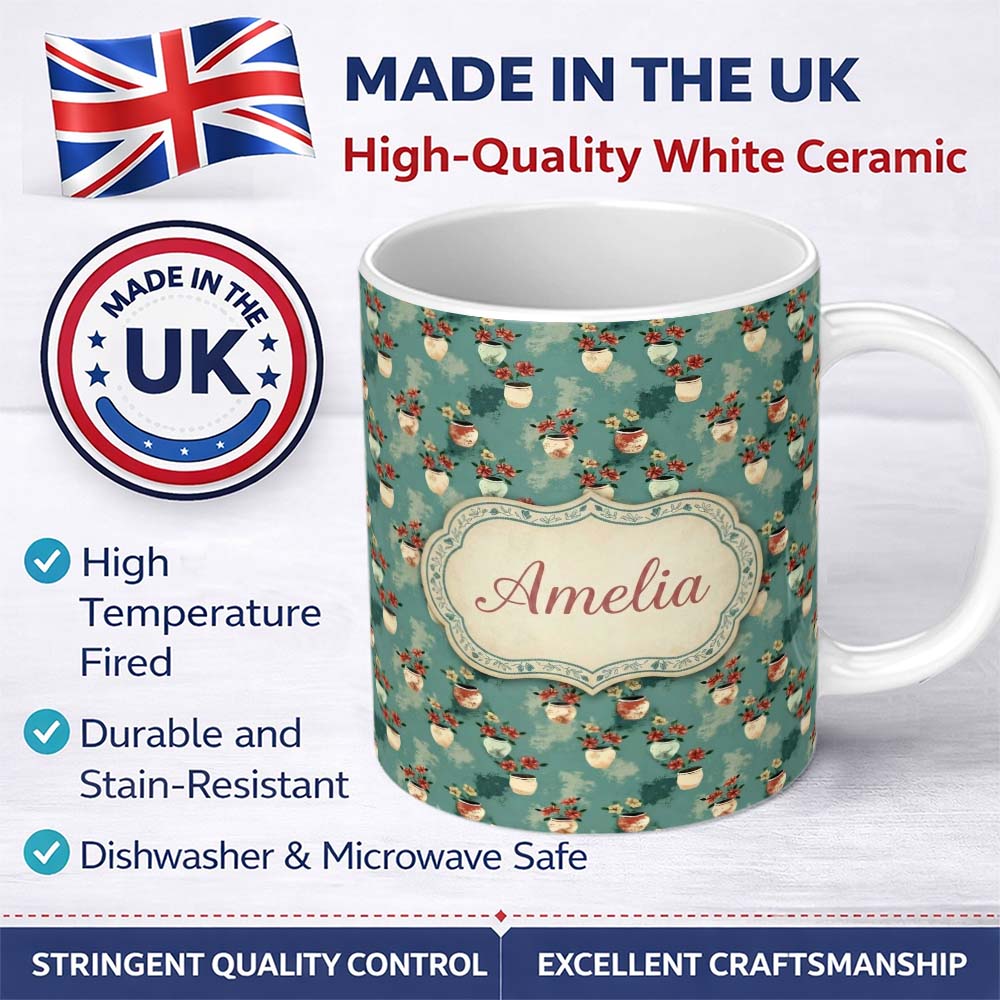 Personalized Custom Name Vintage Floral Pots Rustic Garden Seamless Pattern Name Cute Unique 11oz Ceramic Coffee Tea Mug White Large Handle