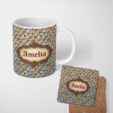 Personalized Custom Name Colorful Flower Pots Garden Bloom Seamless Pattern Name Cute Unique 11oz Ceramic Coffee Tea Mug White Large Handle