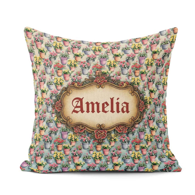Custom Name Colorful Flower Pots Garden Bloom Seamless Name Cute Square Filled Cushion Throw Pillow Sofa Bed Home Decor Zip Washable UK Made