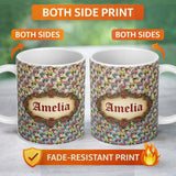 Personalized Custom Name Colorful Flower Pots Garden Bloom Seamless Pattern Name Cute Unique 11oz Ceramic Coffee Tea Mug White Large Handle