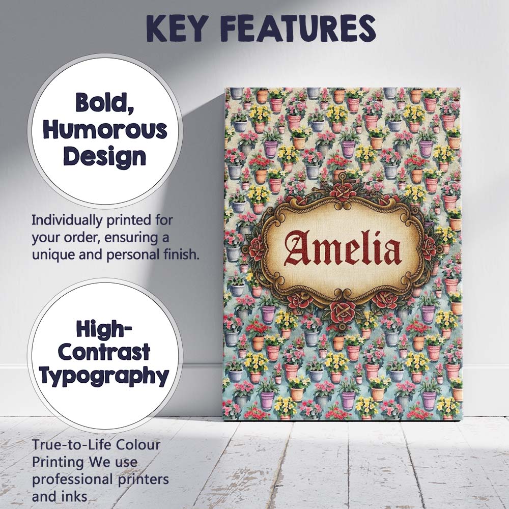 Personalised Name Colorful Flower Pots Custom  Modern Room Accent Elegant Feature Canvas Wall Art Print Decor Picture Ready to Hang