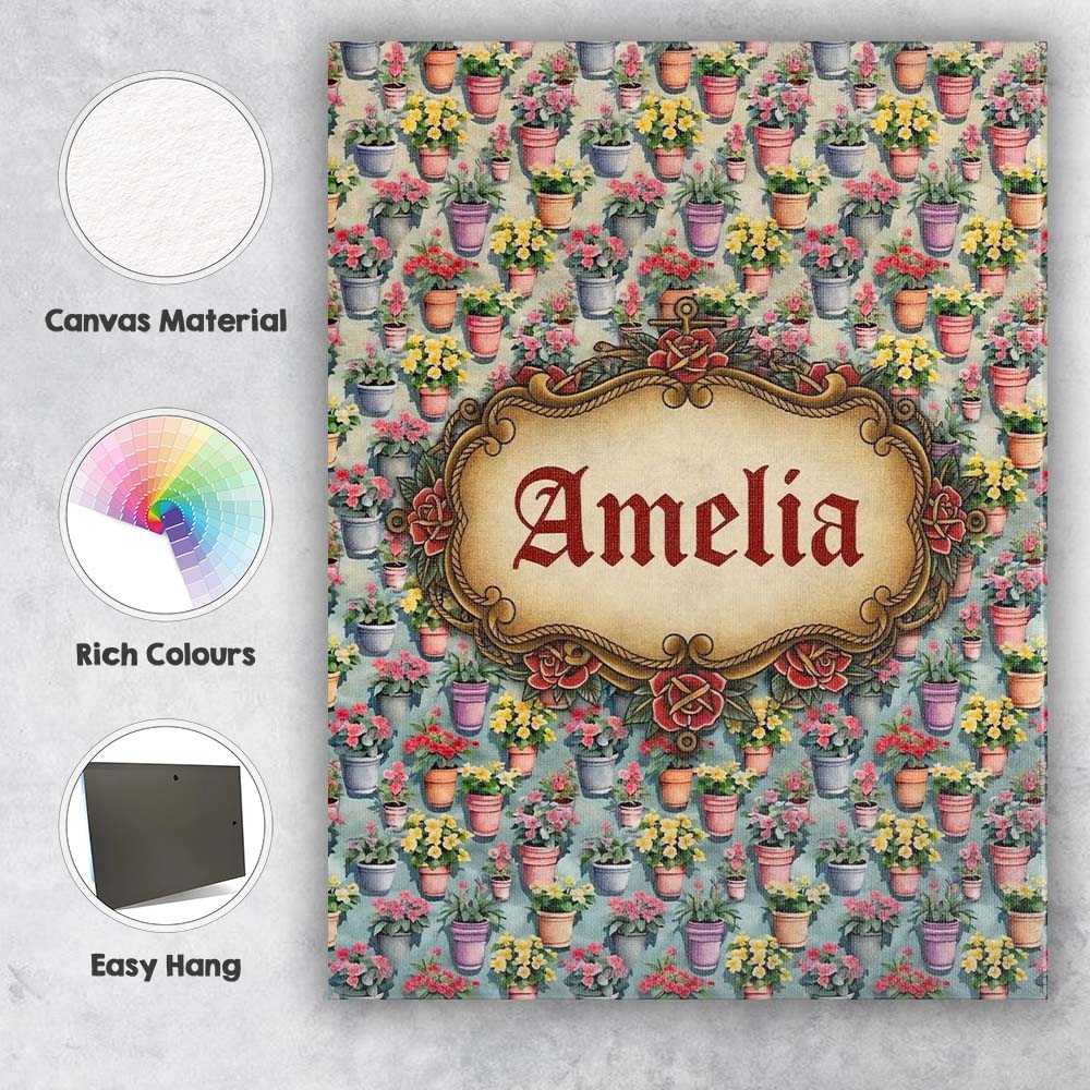 Personalised Name Colorful Flower Pots Custom  Modern Room Accent Elegant Feature Canvas Wall Art Print Decor Picture Ready to Hang