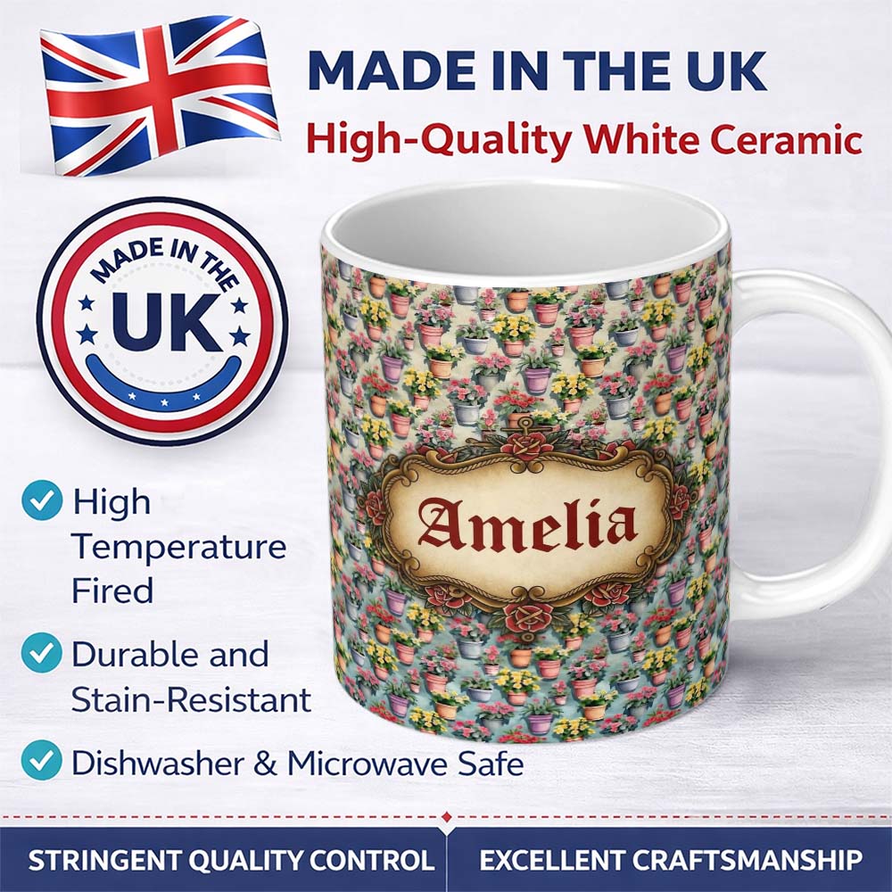 Personalized Custom Name Colorful Flower Pots Garden Bloom Seamless Pattern Name Cute Unique 11oz Ceramic Coffee Tea Mug White Large Handle