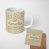 Personalized Custom Name Retro Floral Pots Orange Blue Seamless Pattern Name Cute Unique Gift 11oz Ceramic Coffee Tea Mug White Large Handle