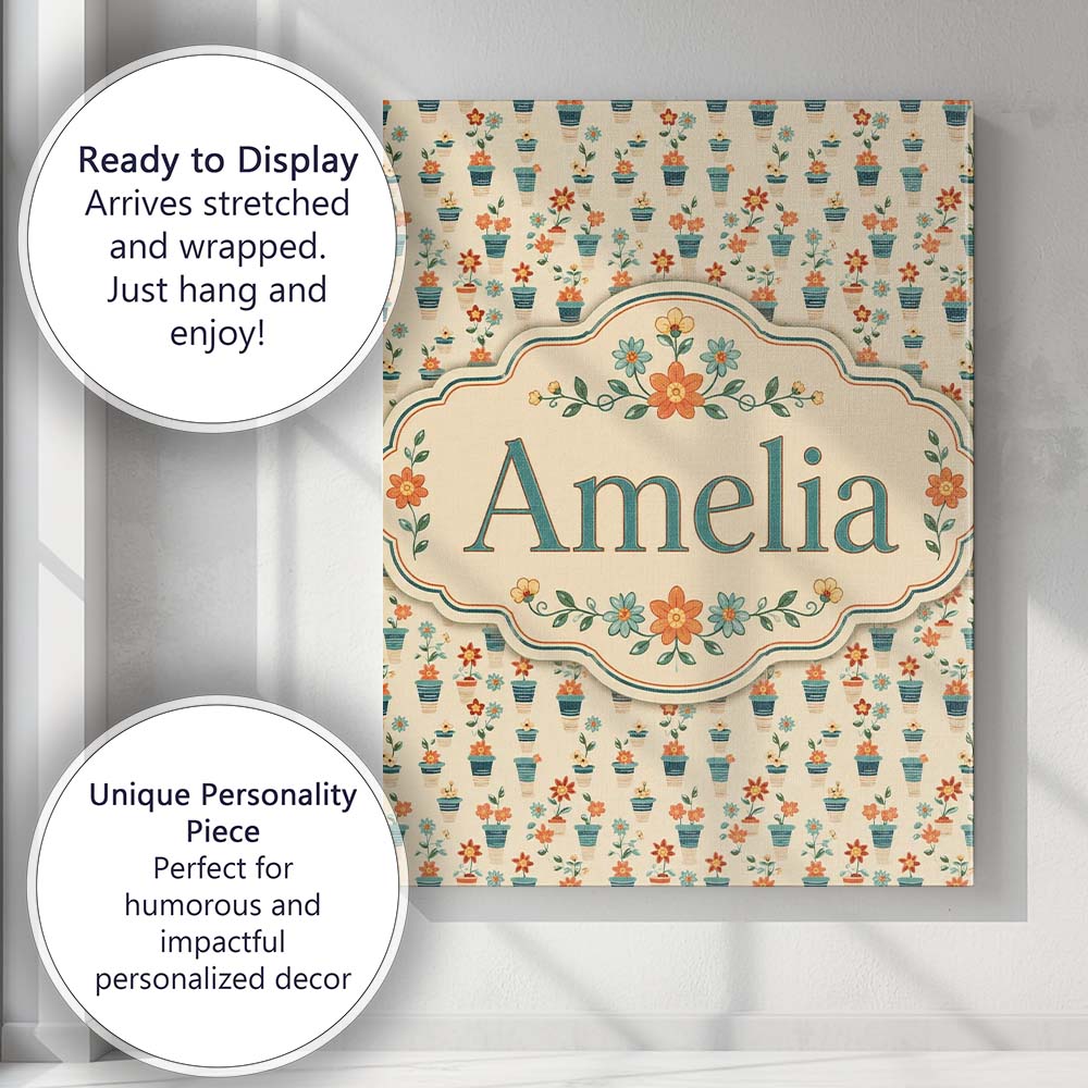 Personalised Name Retro Floral Pots Orange Custom  Unique Gift Idea Elegant Feature Canvas Wall Art Print Decor Picture Ready to Hang
