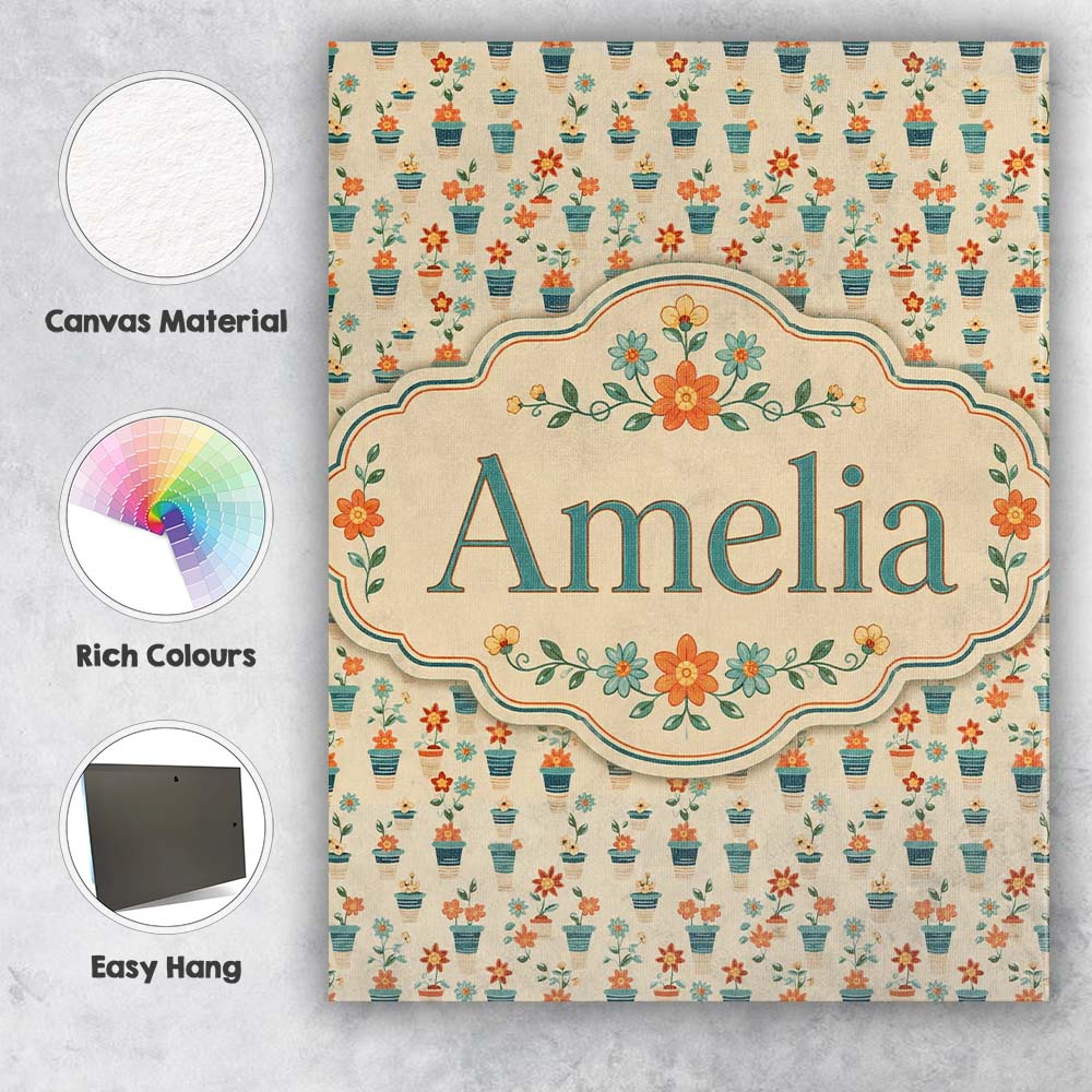 Personalised Name Retro Floral Pots Orange Custom  Unique Gift Idea Elegant Feature Canvas Wall Art Print Decor Picture Ready to Hang
