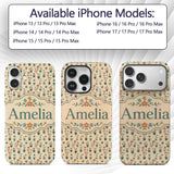 Retro Floral Pots Orange Blue Seamless Pattern Custom Name Protective Phone Case Mobile Cover Durable Everyday Smartphone Shock Resistant