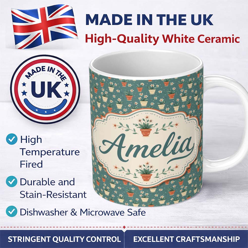 Personalized Custom Name Small White Flower Pots Green Seamless Pattern Name Cute Unique Gift 11oz Ceramic Coffee Tea Mug White Large Handle