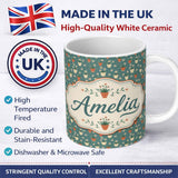 Personalized Custom Name Small White Flower Pots Green Seamless Pattern Name Cute Unique Gift 11oz Ceramic Coffee Tea Mug White Large Handle