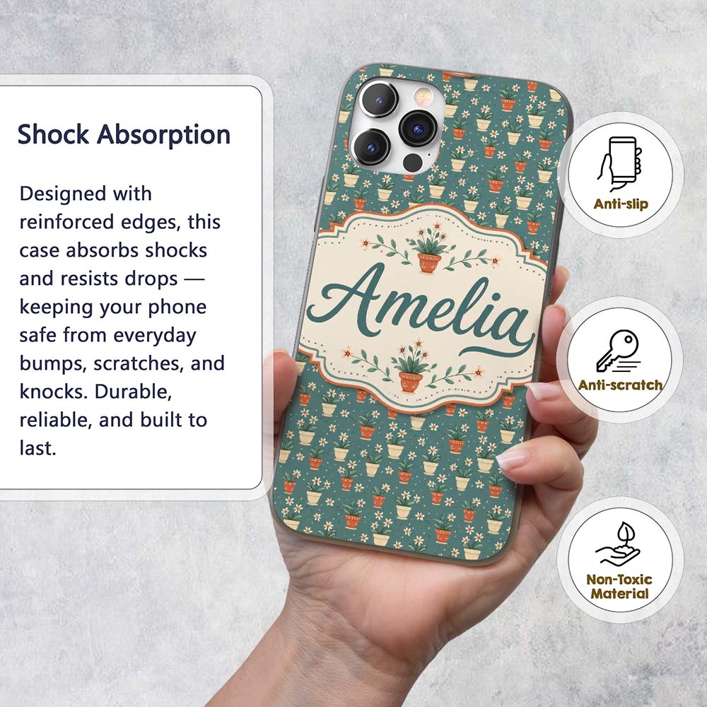 Small White Flower Pots Green Seamless Pattern Custom Name Protective Phone Case Mobile Cover Durable Everyday Smartphone Shock Resistant