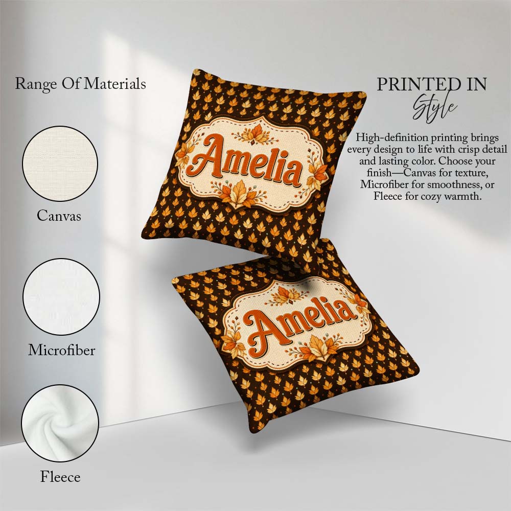 Custom Name Autumn Golden Leaf Seamless on Dark Brown Background Square Filled Cushion Throw Pillow Sofa Bed Home Decor Zip Washable UK Made