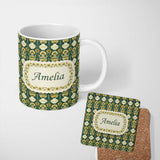 Personalized Custom Name Elegant Vintage Vase Floral Green Seamless Pattern Name Cute Unique 11oz Ceramic Coffee Tea Mug White Large Handle