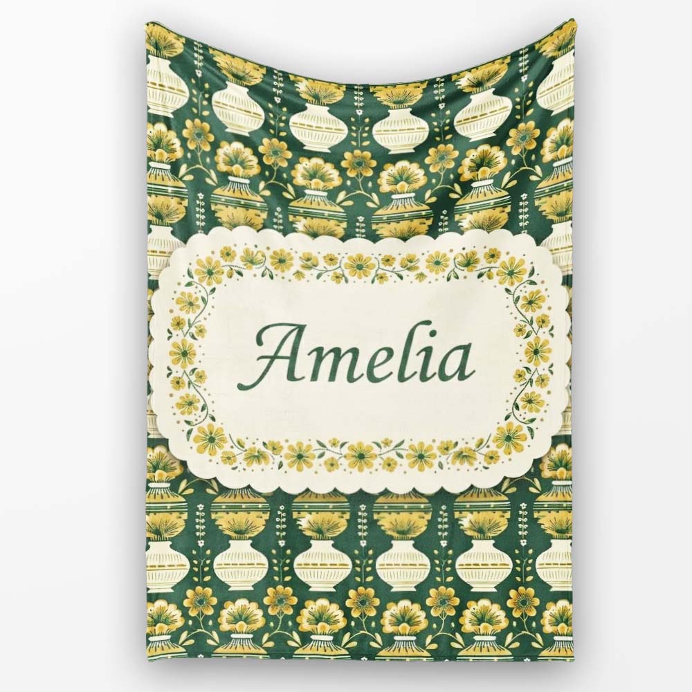 Elegant Vintage Vase Floral Green Seamless Pattern Name Cute Unique  Personalised Custom Name Super Soft Fleece Blanket Bed Sofa Throw