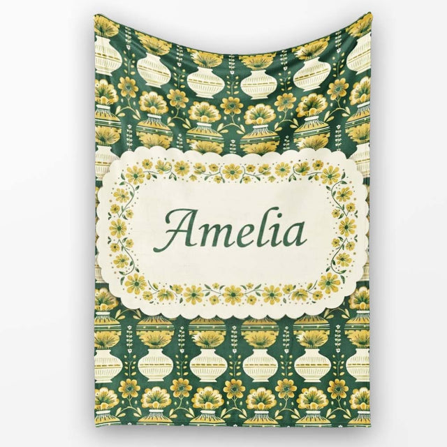 Elegant Vintage Vase Floral Green Seamless Pattern Name Cute Unique  Personalised Custom Name Super Soft Fleece Blanket Bed Sofa Throw