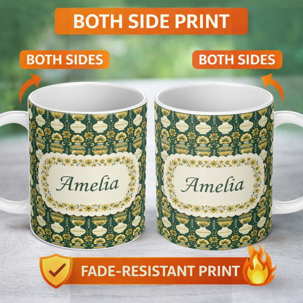 Personalized Custom Name Elegant Vintage Vase Floral Green Seamless Pattern Name Cute Unique 11oz Ceramic Coffee Tea Mug White Large Handle