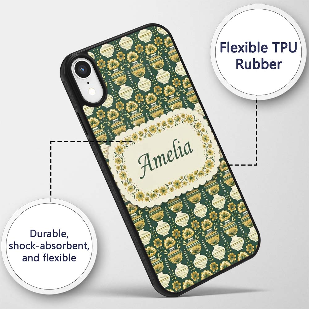 Elegant Vintage Vase Floral Green Printed Design Custom Name Protective Phone Case Mobile Cover Durable Everyday Smartphone Shock Resistant