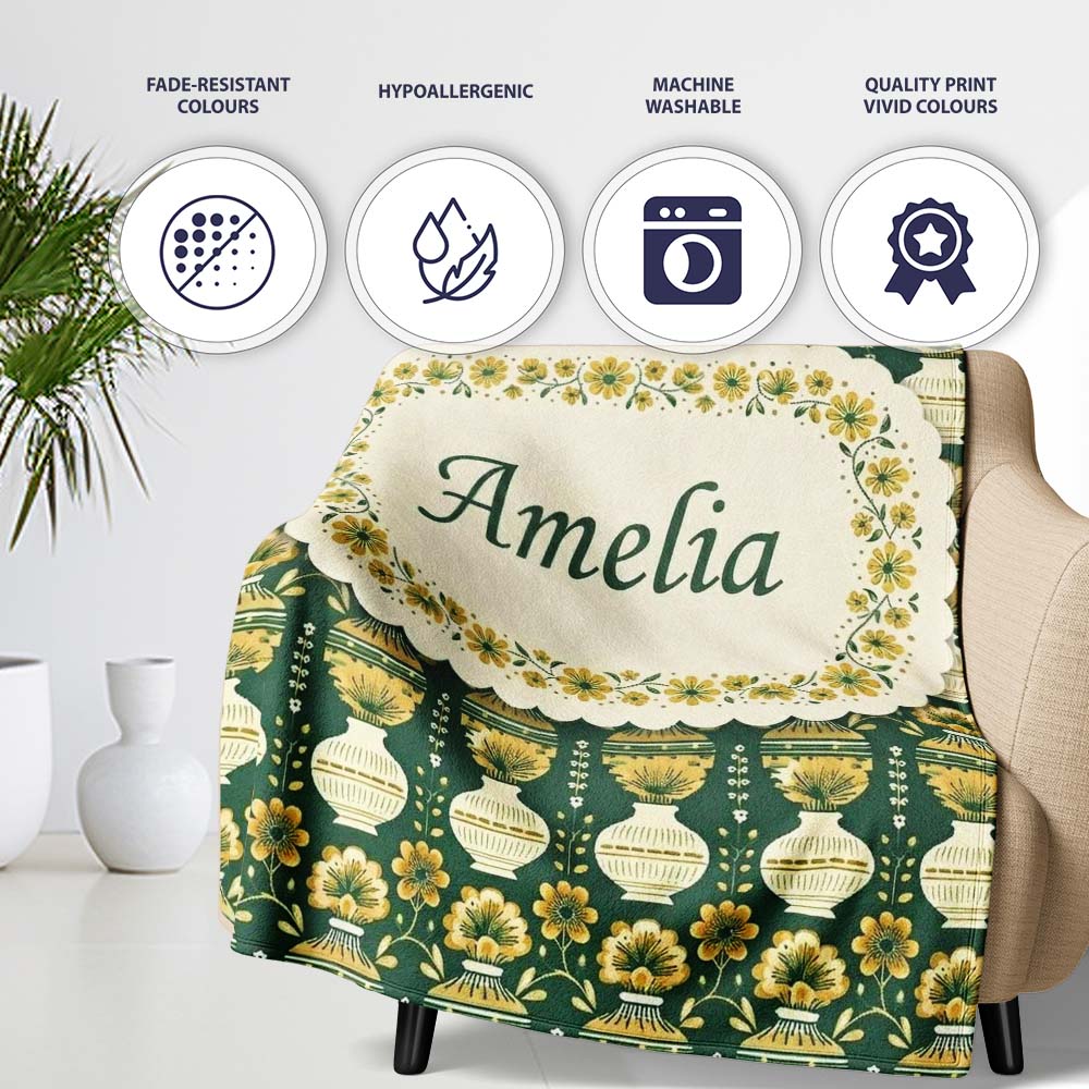 Elegant Vintage Vase Floral Green Seamless Pattern Name Cute Unique  Personalised Custom Name Super Soft Fleece Blanket Bed Sofa Throw