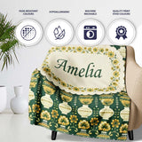Elegant Vintage Vase Floral Green Seamless Pattern Name Cute Unique  Personalised Custom Name Super Soft Fleece Blanket Bed Sofa Throw
