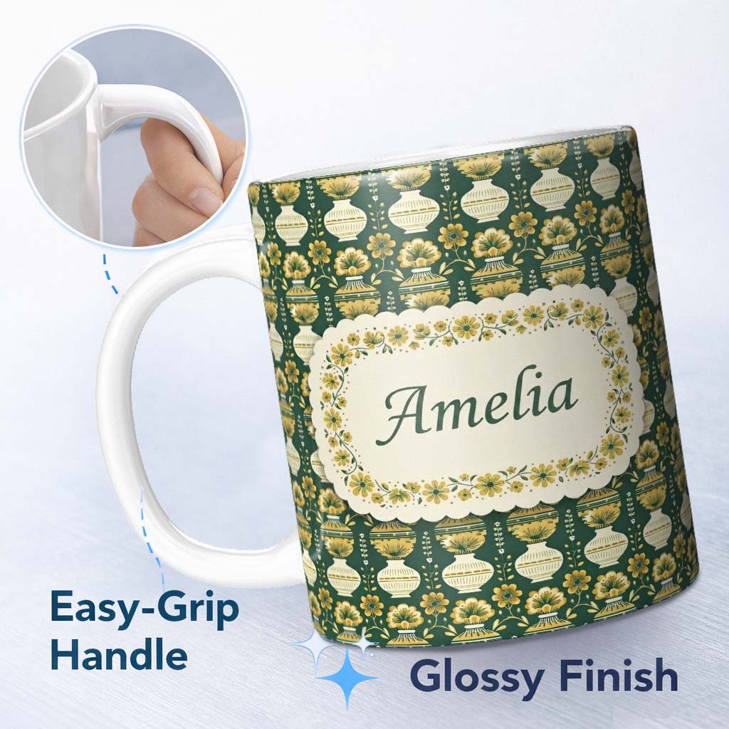 Personalized Custom Name Elegant Vintage Vase Floral Green Seamless Pattern Name Cute Unique 11oz Ceramic Coffee Tea Mug White Large Handle
