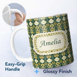 Personalized Custom Name Elegant Vintage Vase Floral Green Seamless Pattern Name Cute Unique 11oz Ceramic Coffee Tea Mug White Large Handle