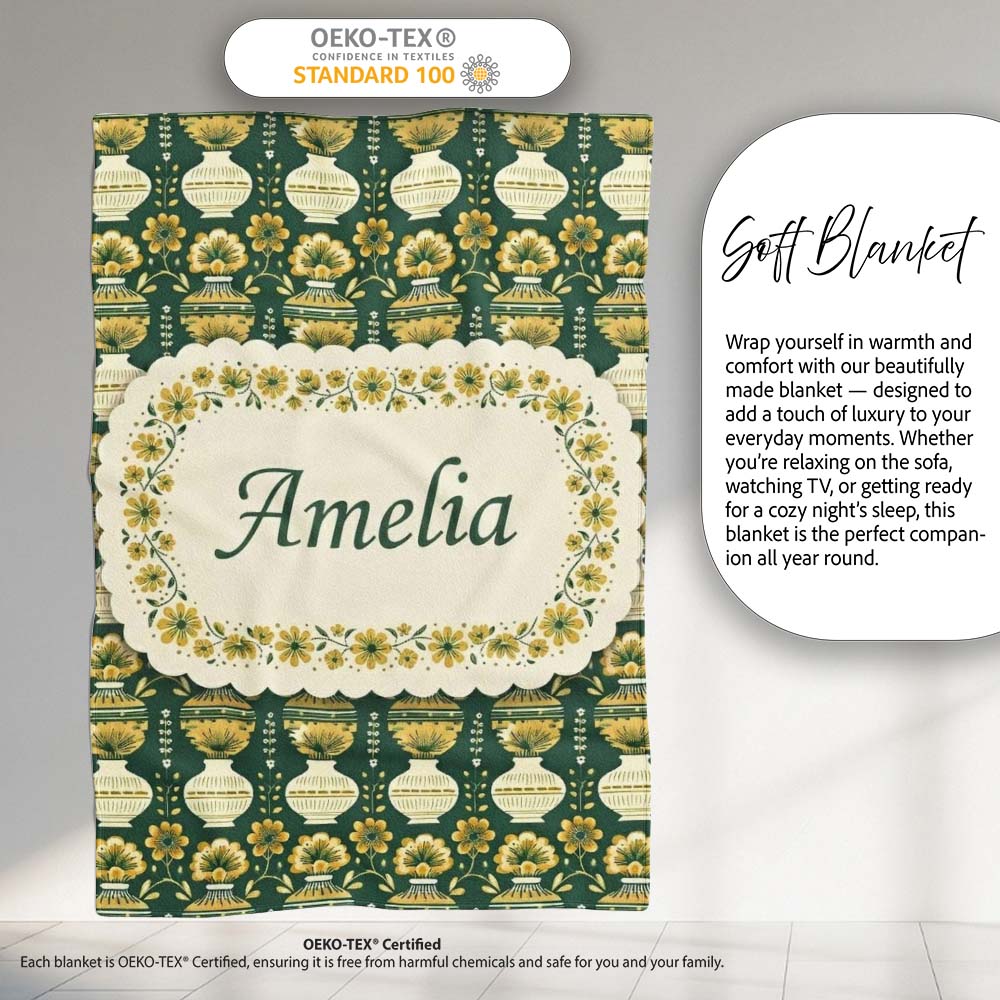 Elegant Vintage Vase Floral Green Seamless Pattern Name Cute Unique  Personalised Custom Name Super Soft Fleece Blanket Bed Sofa Throw