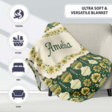 Elegant Vintage Vase Floral Green Seamless Pattern Name Cute Unique  Personalised Custom Name Super Soft Fleece Blanket Bed Sofa Throw