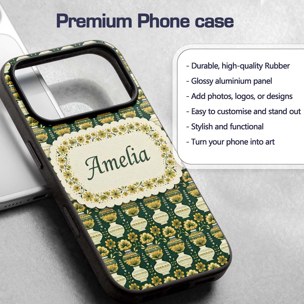 Elegant Vintage Vase Floral Green Printed Design Custom Name Protective Phone Case Mobile Cover Durable Everyday Smartphone Shock Resistant