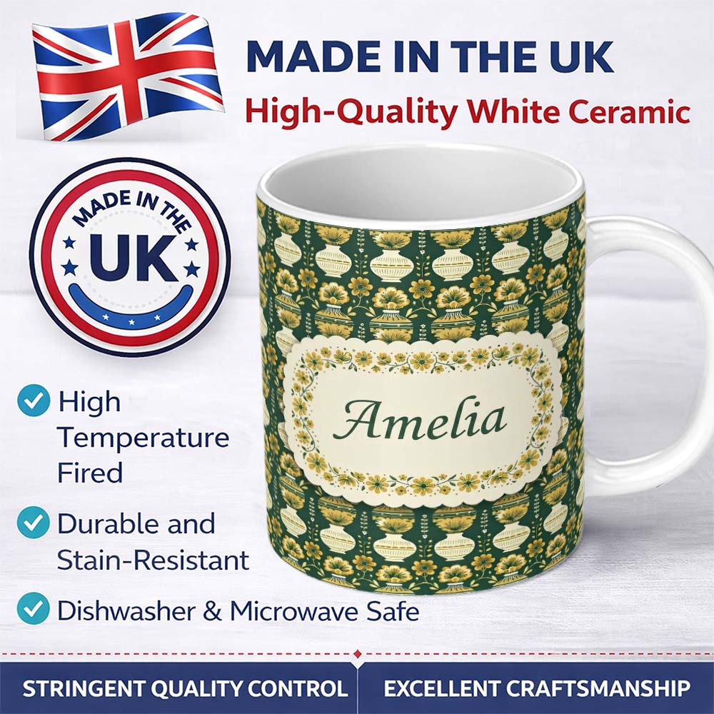 Personalized Custom Name Elegant Vintage Vase Floral Green Seamless Pattern Name Cute Unique 11oz Ceramic Coffee Tea Mug White Large Handle