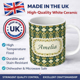 Personalized Custom Name Elegant Vintage Vase Floral Green Seamless Pattern Name Cute Unique 11oz Ceramic Coffee Tea Mug White Large Handle