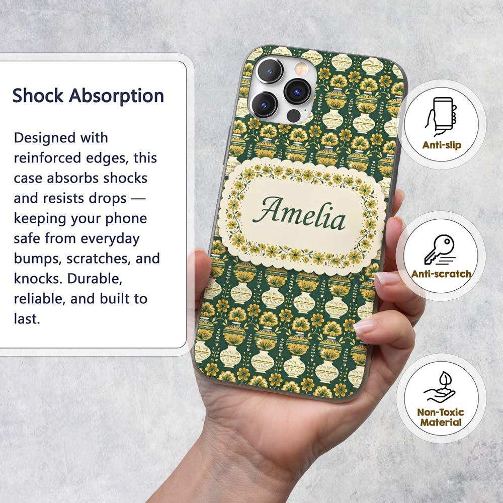 Elegant Vintage Vase Floral Green Printed Design Custom Name Protective Phone Case Mobile Cover Durable Everyday Smartphone Shock Resistant